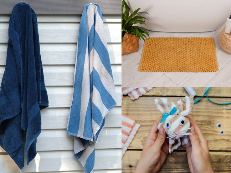 Collage mit aufgehängten Handtüchern, flauschigem Badteppich neben Pflanzen und einem selbstgemachten Handtuchhasen.