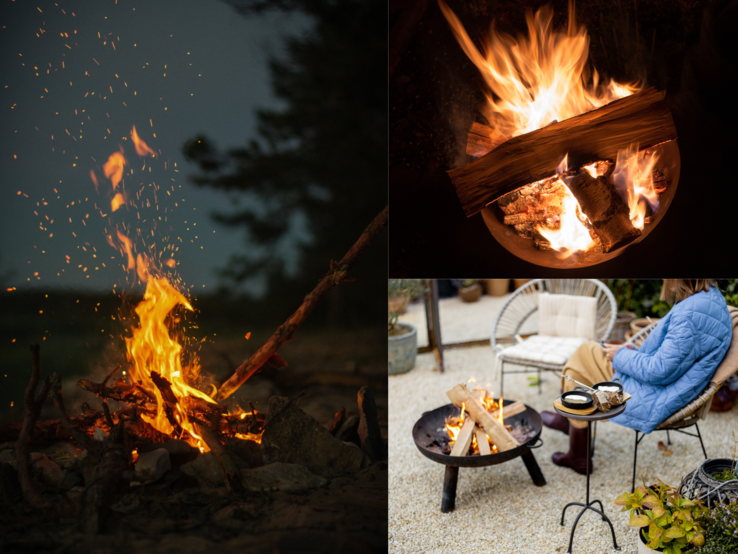 Drei stimmungsvolle Szenen mit knisternden DIY-Feuerschalen im Freien: bei Dämmerung, im Dunkeln und im gemütlichen Garten.