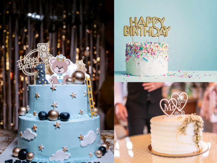 Cake Topper Cake Topper basteln: Drei festliche Torten: eine blaue mit Bärchen und Sternen, eine bunte mit Streuseln und eine weiße Hochzeitstorte mit Herzdeko.