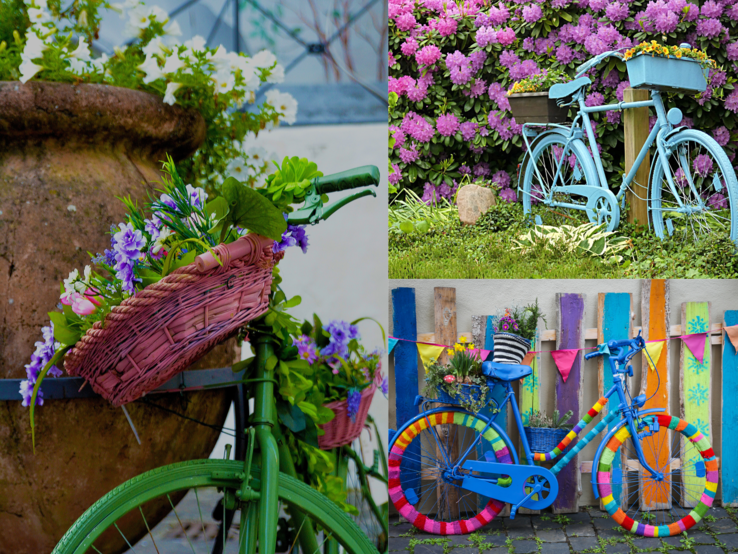 Fahrrad-Upcycling: Kunstvoll dekorierte Vintage-Fahrräder mit bunten Blumenarrangements stehen vor Blütensträuchern, Steinvasen und bemalten Holzzäunen.