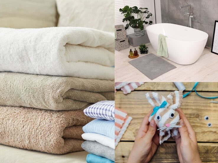 Stapel weicher Frotteehandtücher, stilvolles Badezimmer mit Pflanze und DIY-Osterhase aus Handtuch in Bastelszene.