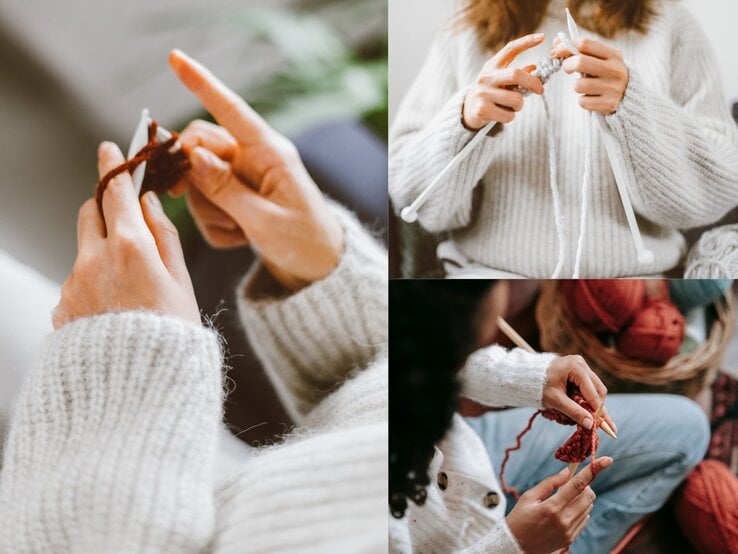 Collage: Drei Frauen in Strickpullis sitzen entspannt beim Stricken mit bunter Wolle und Holz- oder Kunststoffnadeln in Nahaufnahme.