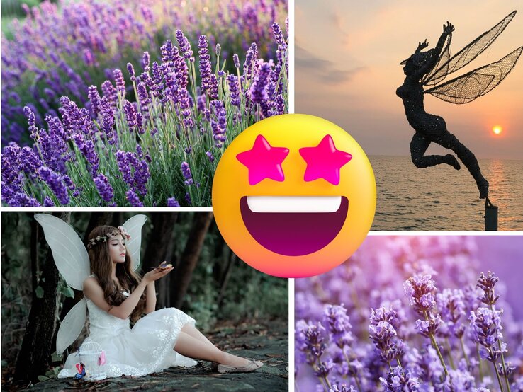 Vier Bilder zeigen lila blühenden Lavendel und fantasievolle Feenfiguren, in der Mitte ein Emoji mit Sternaugen.