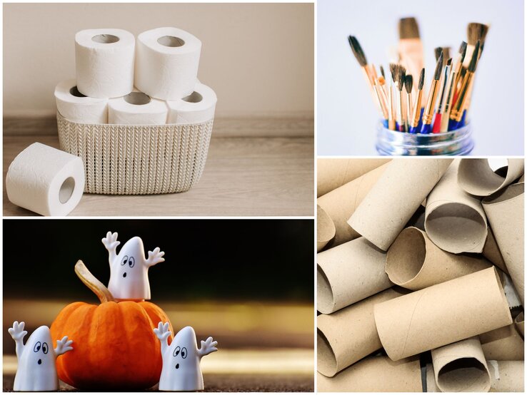 Collage mit Klopapierrollen im Korb, leeren Papprollen, Pinseln im Glas und Halloween-Geistern um einen Kürbis.