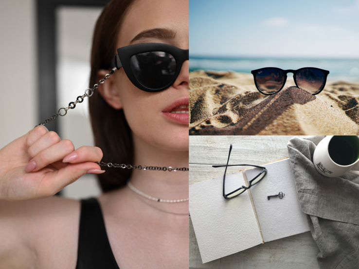 Brillenkette DIY Junge Frau mit braunem Haar und schwarzer Cat-Eye-Sonnenbrille mit Kette, schwarze Sonnenbrille im Sandstrand vor Meer, schwarze Lesebrille und Schlüssel auf Notizbuch neben Tasse.