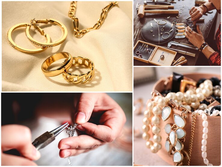 Werkbank mit Schmuckwerkzeug, daneben detailreiche Nahaufnahmen von Goldschmuck, Perlenketten und handgefertigtem Silberanhänger.