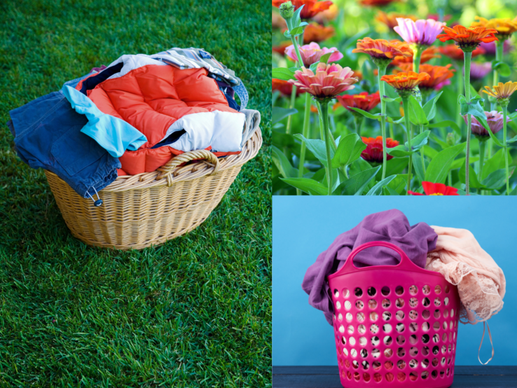 Wäschekorb-Upcycling Zwei volle Wäschekörbe mit bunter Kleidung stehen auf Rasen und vor blauer Wand, daneben blühen farbenfrohe Zinnien im Sonnenlicht.