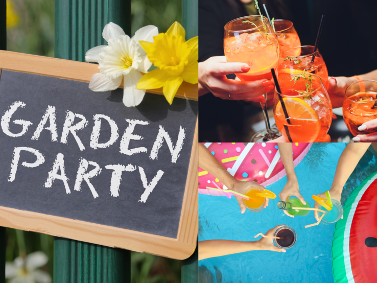 Collage aus Gartenparty-Schild mit Narzissen, anstoßenden Händen mit Aperol und bunten Drinks an einem Pool mit Luftmatratzen.