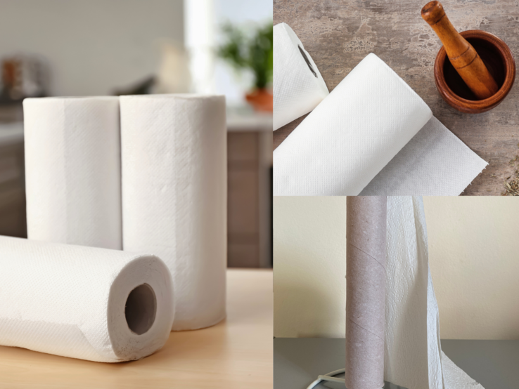 Upcycling-Idee Küchenrolle Vier weiße Küchenrollen in verschiedenen Zuständen liegen auf Tischen in Küche und Essbereich, eine ist fast aufgebraucht.