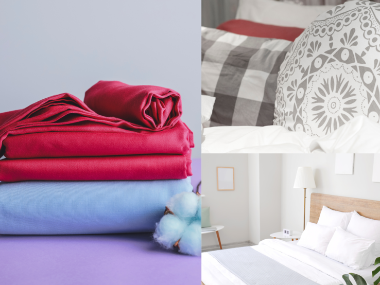 Bettwäsche-Upcycling Gefaltete rote und blaue Bettlaken, moderne Betten mit weißer und gemusterter Bettwäsche in hellen, stilvoll eingerichteten Schlafzimmern.