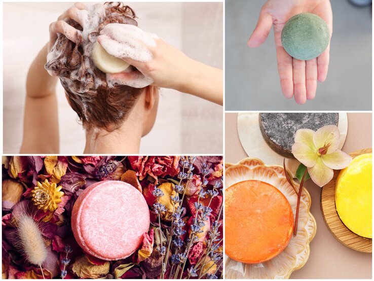 Collage mit bunten festen Shampoos, dekoriert mit Blüten, und einer Frau, die schäumendes Shampoo in ihr braunes Haar einmassiert.