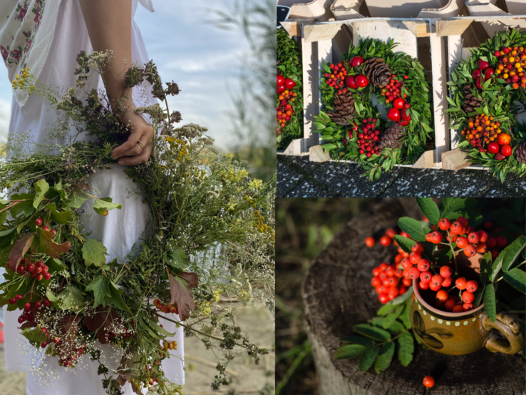 Junge Frau im weißen Kleid hält blumige Herbstkränze, daneben liegen Kränze mit Beeren und Zapfen sowie ein Becher mit Vogelbeeren.