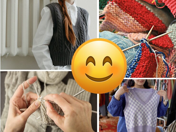 Collage mit gestricktem grauem Pullunder, bunten Strickstücken, Händen beim Stricken und lila-weißem Pullunder in einer Boutique.