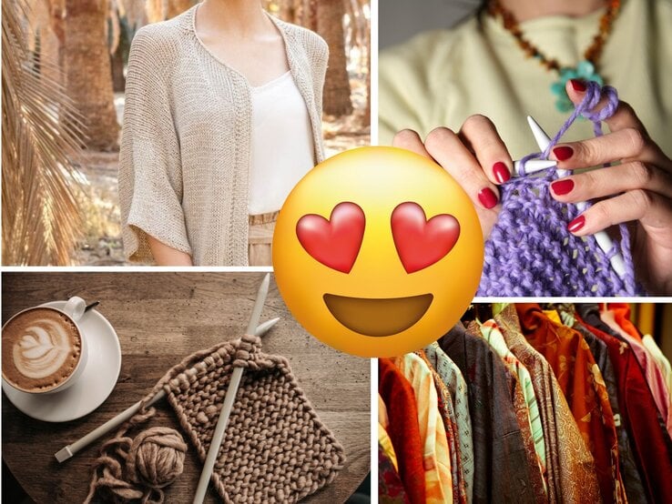 Collage mit einer Frau im gestrickten Kimono, lilafarbenem Strickprojekt, diversen Stoffen und Strickzubehör neben einer Kaffeetasse.