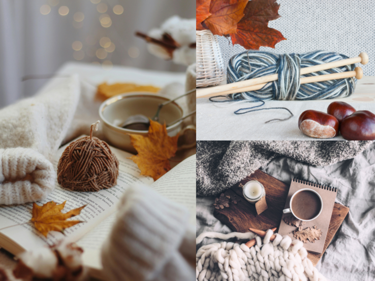 Gemütliche Herbstszene mit Wolle, Kastanien, Kerzen, Kaffee und Strickdecken, dekoriert mit bunten Blättern und warmen Stoffen.