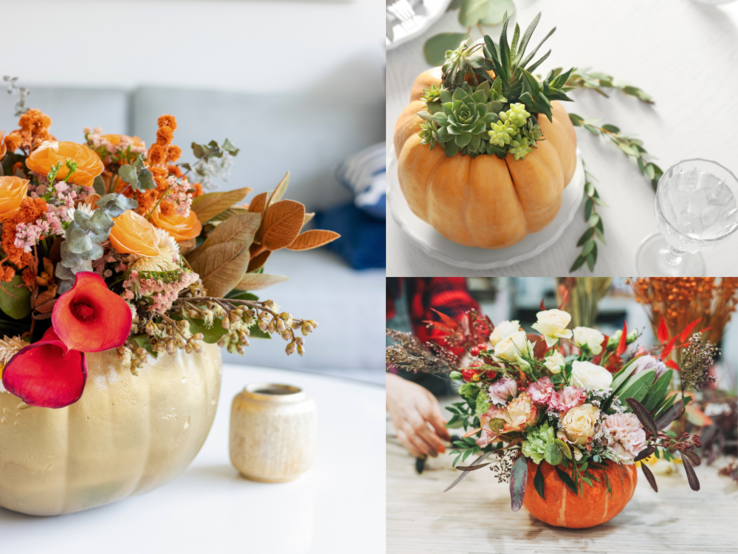 Drei herbstlich geschmückte DIY-Kürbis-Vasen mit Blumen, Sukkulenten und Laub stehen dekorativ auf hellen Tischen in gemütlichem Ambiente.