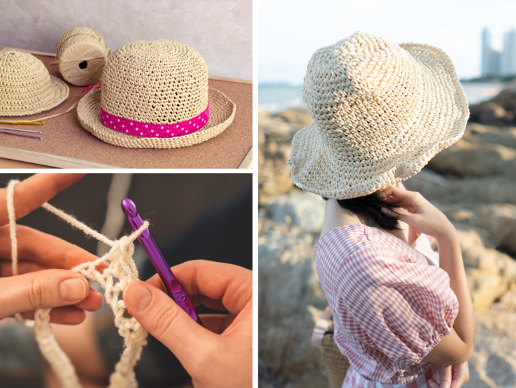 Collage Häkelhut Eine Frau in rosa Karokleid blickt aufs Meer, trägt einen gehäkelten Strohhut mit breiter Krempe bei sonnigem Wetter.