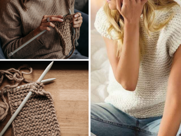 Collage Pullunder stricken Frau mit braunem Wollpullover strickt mit großen Nadeln grobes beiges Strickstück aus dicker Wolle, im Hintergrund eine gemütliche Atmosphäre.