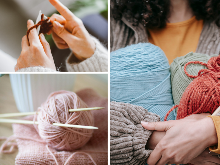 Collage Pullover stricken Hände in Strickpullovern häkeln mit brauner Wolle, daneben bunte Wollknäuel in Armen einer Frau mit lockigem Haar.