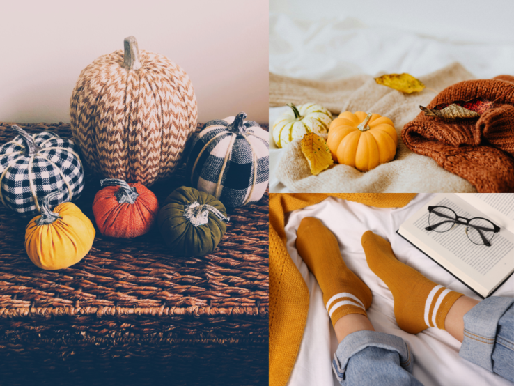 Herbstliche Kürbisse aus Socken, warme Decken, bunte Blätter und Füße in ockerfarbenen Socken neben Buch und Brille auf Bett.