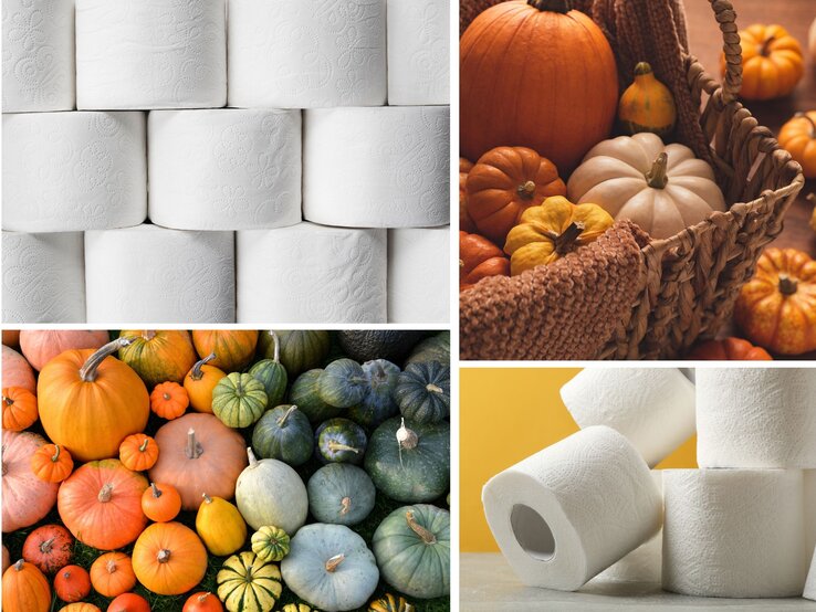 Kürbis Klopapier Herbst basteln Bunte Kürbisse und Zierkürbisse in Orange, Grün und Gelb, eng aneinander angeordnet auf einer Wiese mit sattem Grün.