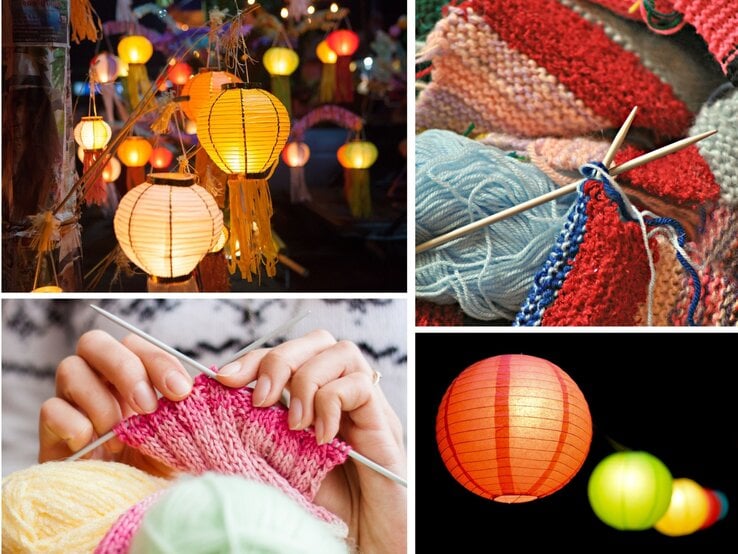 Garten Lampion stricken Verschiedene bunte Lampions leuchten festlich in einer Nachtaufnahme, umgeben von Lichterketten und dekorativen Elementen.