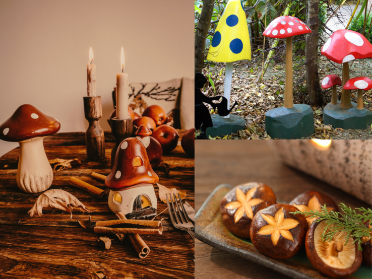 Pilze basteln Herbstdeko Auf rustikalem Holztisch herbstliche Pilzdeko mit Kerzen, daneben bunte Gartenpilze im Laub und kunstvoll eingeschnittene Shiitake auf Keramikteller.