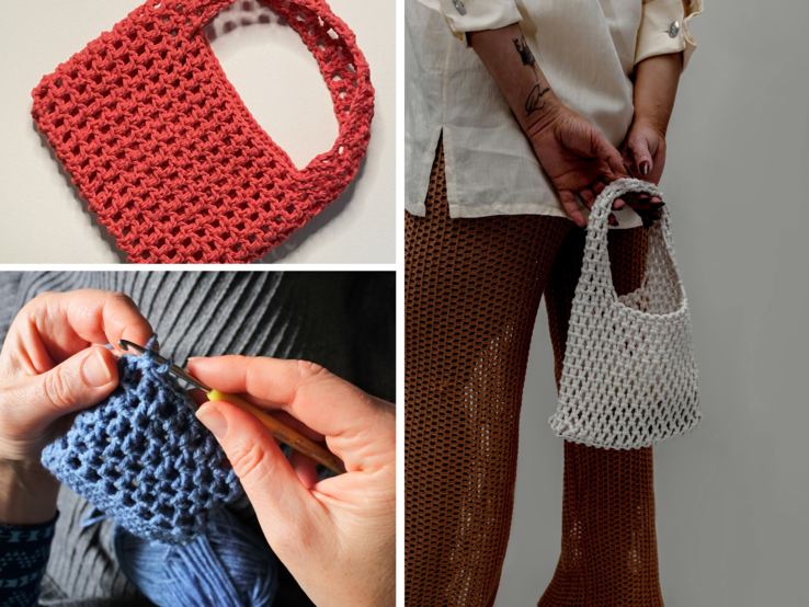 Collage Handtasche häkeln Nahaufnahme von Händen beim Häkeln einer blauen Tasche, darüber rote Tasche auf Weiß, rechts Frau mit weißer Tasche.