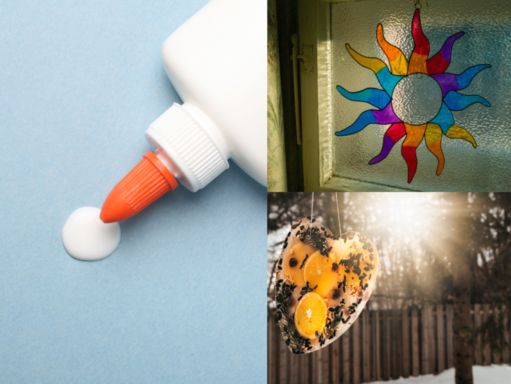 Bastelkleber auf blauem Papier, daneben ein buntes Sonnendekor am Fenster und ein gefrorenes Herz mit Orangenscheiben im Sonnenlicht.