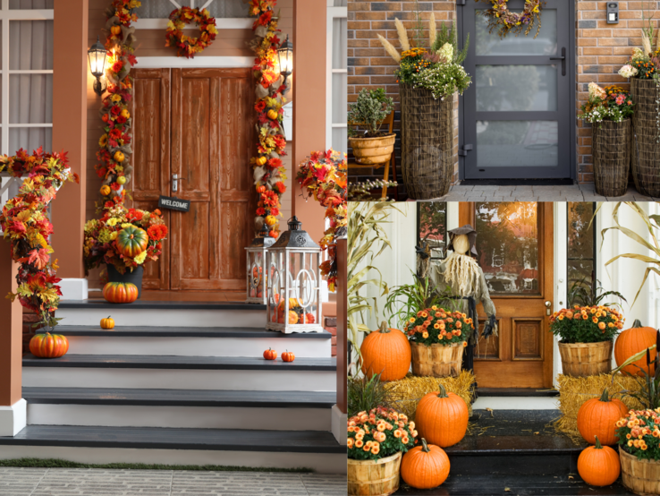 Drei herbstlich dekorierte Hauseingänge mit Kürbissen, Strohballen, Blumen, Türkränzen, Laternen und bunter Blättergirlande.