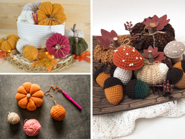 Herbstliche Häkeldeko mit Kürbissen, Eicheln und Pilzen aus Wolle, liebevoll arrangiert auf Holz und Bast mit Lichterkette.