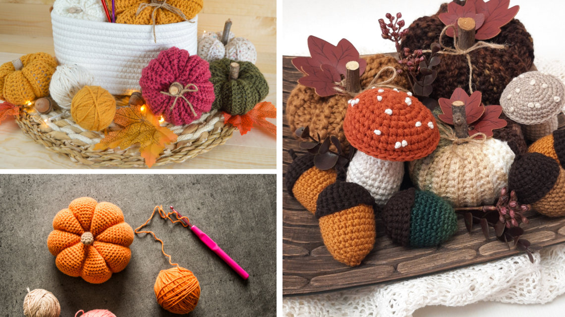 Herbstliche Häkeldeko mit Kürbissen, Eicheln und Pilzen aus Wolle, liebevoll arrangiert auf Holz und Bast mit Lichterkette.