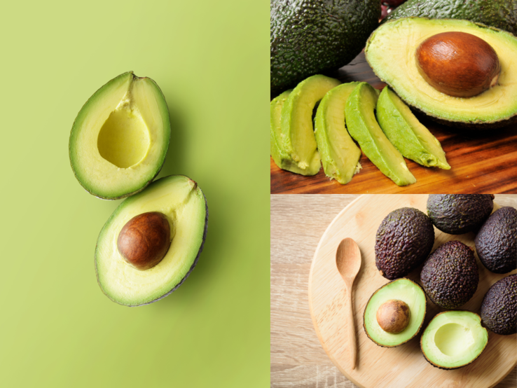 Drei Ansichten frischer Avocados: halbiert auf grünem Grund, in Scheiben geschnitten und ganz auf Holzbrett mit Löffel.