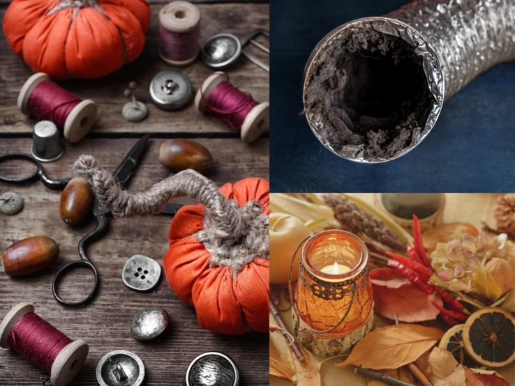 Basteln mit Ablaufschlauch Herbstdeko Herbstdeko mit Stoffkürbissen und Garn, Abluftschlauch sowie Kerze im Glas zwischen Blättern und Trockenfrüchten.