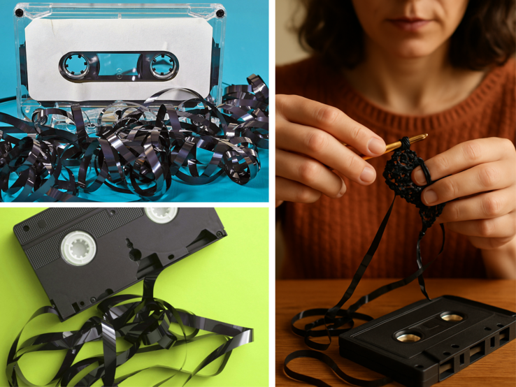 Collage häkeln mit Video- und Kassettenband Kreative Bildcollage mit verknäultem Bandmaterial: Frau häkelt aus Videoband, Audiokassette und VHS-Kassette liegen chaotisch.