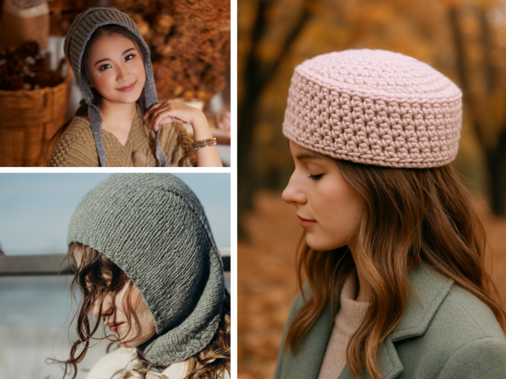 Junge Frau mit langen Wellen trägt rosa Häkelmütze und Mantel, steht mit geschlossenen Augen im herbstlichen Wald.