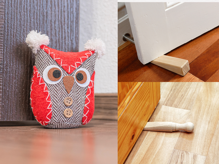 Türstopper basteln  Türstopper basteln: Genähte Stoffeule mit Knopfaugen und zwei Holzkeile fixieren Türen auf Laminat- und Parkettboden in heller, wohnlicher Umgebung.