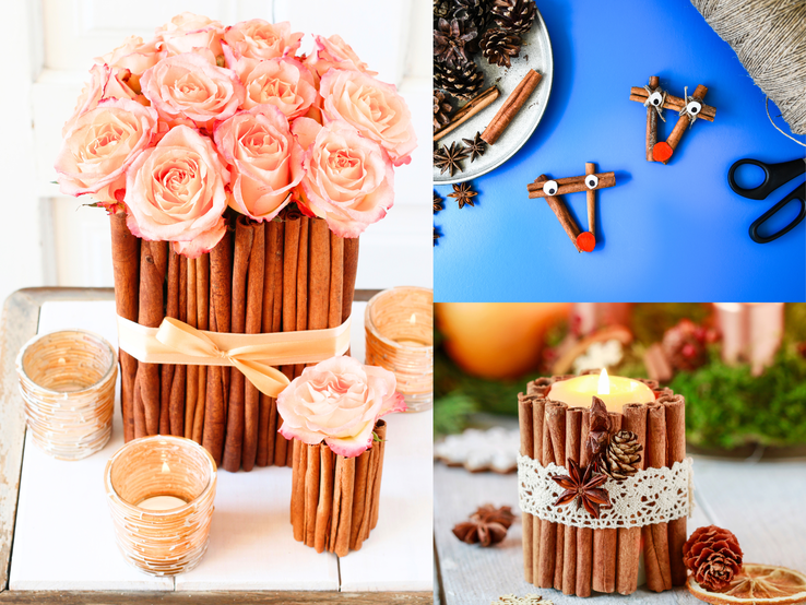 Weihnachtliche DIY-Deko mit Zimtvasen, rosa Rosen, Kerzenlicht, Rentier-Anhängern und Gewürzen auf blauem und hellem Untergrund.