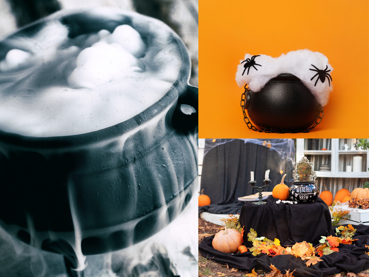 Hexenkessel basteln Drei schwarze Hexenkessel mit Dampf, Spinnweben und Kürbissen in herbstlicher Halloween-Deko auf Tisch, Wiese und vor orangefarbener Wand.