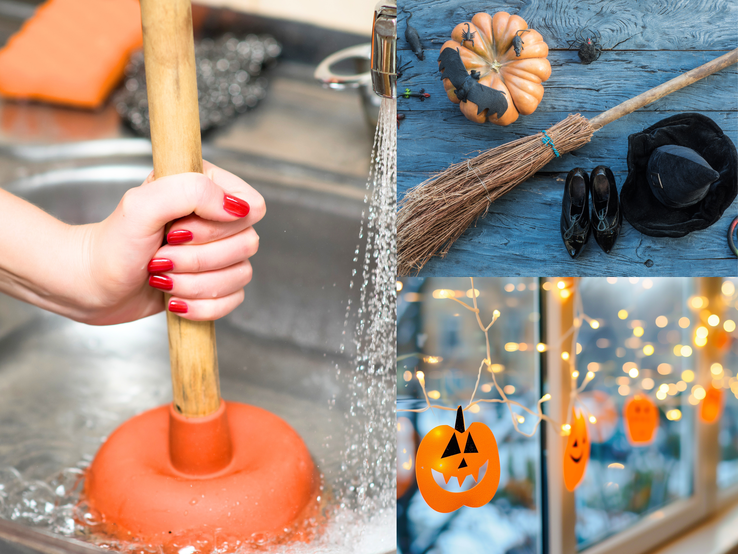 Basteln mit Pömpel Halloweendeko Eine Hand mit Pömpel im Spülbecken, daneben Halloween-Deko mit Hexenbesen und Kürbissen sowie Kürbislichterkette am Fenster.