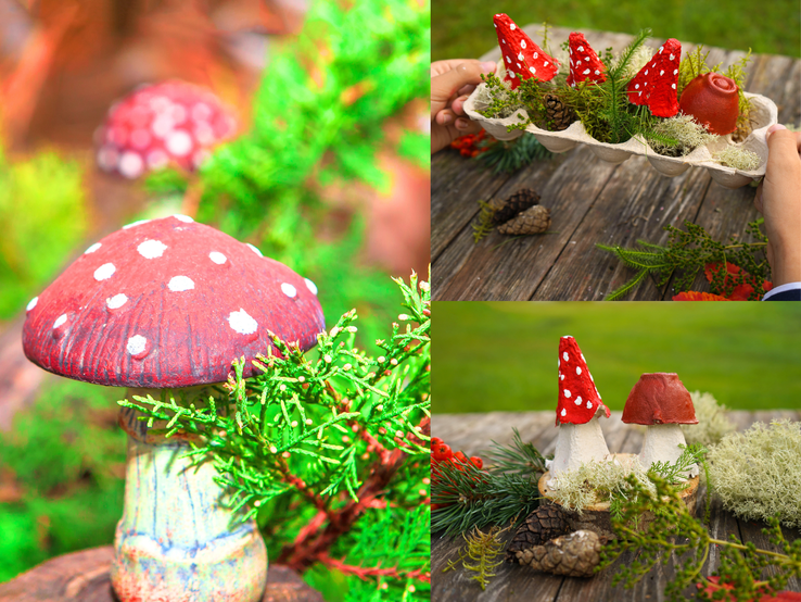 Drei Bastelszenen mit rot-weißen Tonpilzen auf Moos, Tannenzweigen und Zapfen, teils in Eierkarton, teils auf Holztisch im Freien.