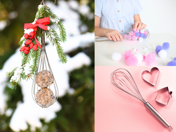 Ein Schneebesen als Winterdeko mit Meisenknödeln, beim Basteln mit Filzbällchen und neben Ausstechformen auf rosa Untergrund.