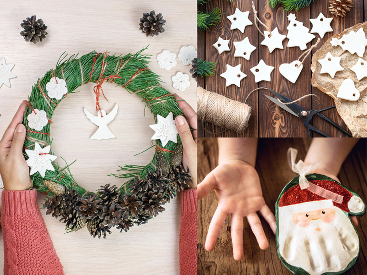Kinderhände basteln Weihnachtsdeko aus Salzteig: Ein Adventskranz, Anhänger in Sternform und ein bemalter Weihnachtsmann liegen bereit.