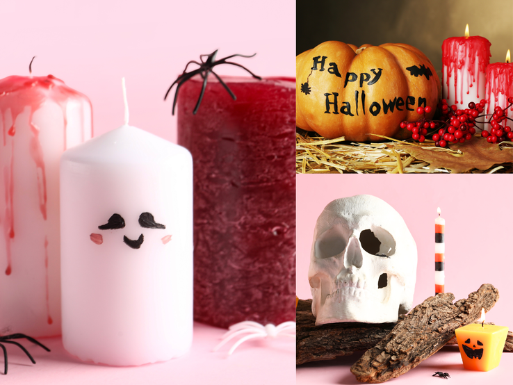 Mehrere Halloween-Kerzen mit Blutoptik, Geistergesicht und Kürbis, dekoriert mit Spinnen, Totenschädel und roter Beeren auf Rosa.
