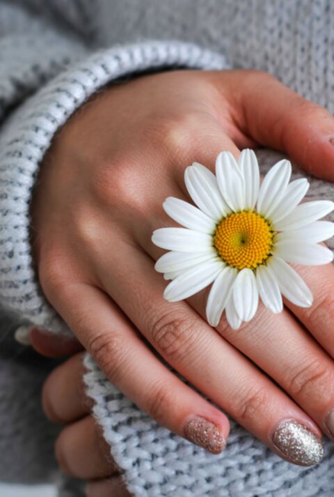 Zarte Frauenhände mit beiger und glitzernder Maniküre halten eine weiße Margerite auf grauem Strickpullover.