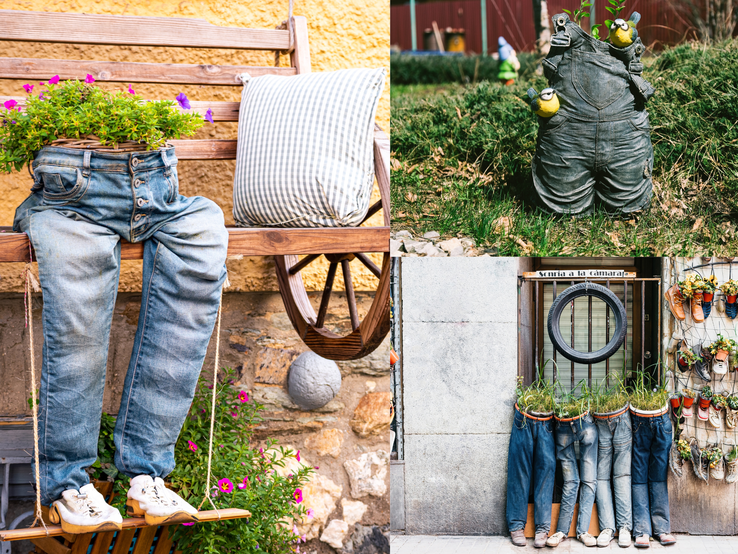 Ausgediente Jeans und Hosen dienen bepflanzt mit Blumen, Gräsern und Deko-Vögeln als witzige, kreative Pflanzgefäße im Freien.