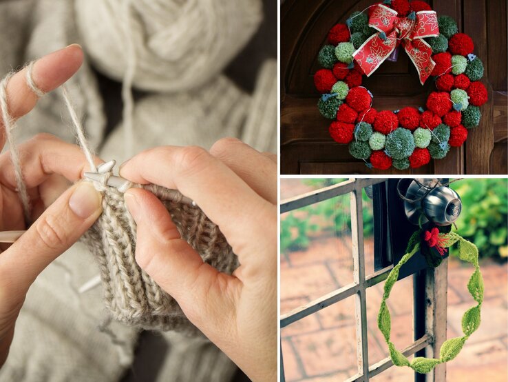 Türkranz stricken Collage Collage: Nahaufnahme von Händen beim Stricken, ein Türkranz aus roten und grünen Pompons, ein grüner Strickkranz an einer Türklinke.