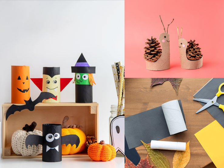 Upcyling-Bastelideen mit Klopapierrollen: Halloween-Figuren, Zapfenschnecken und Bastelmaterial auf Holz- und Farbhintergrund arrangiert.