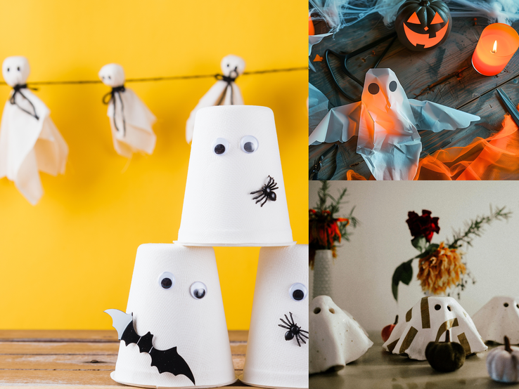 Verschiedene DIY-Geister aus Bechern, Stoff und Papier mit Augen, Kürbis, Kerzenlicht und Trockenblumen als herbstliche Halloween-Deko.