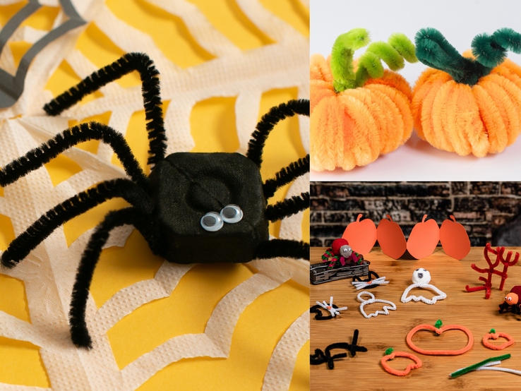 Gebastelte Spinne, Kürbisse und Halloween-Figuren aus Pfeifenreinigern liegen dekorativ auf gelbem Papier und Holzuntergrund.